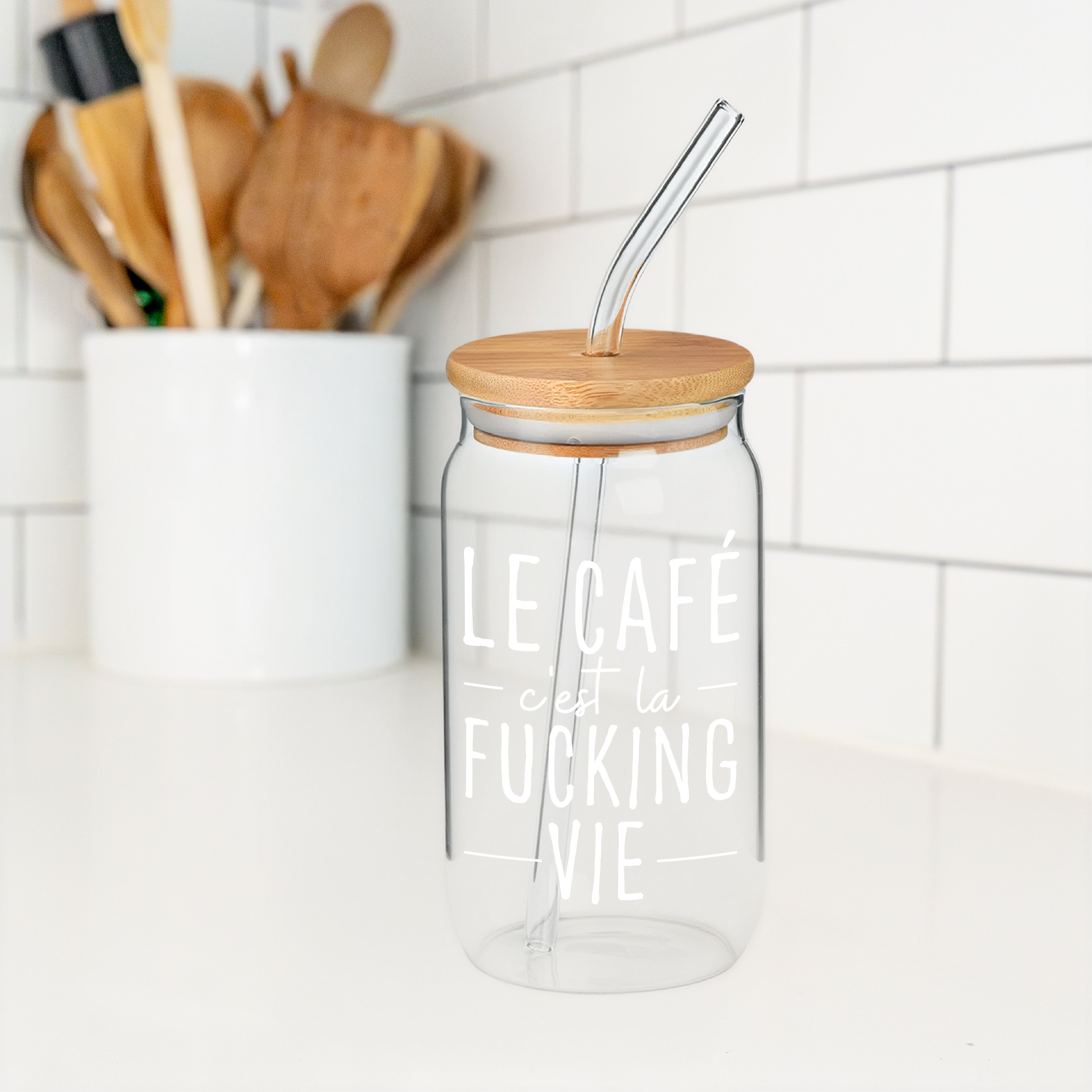 Verre avec paille ''le café c'est la fuc**ng vie''