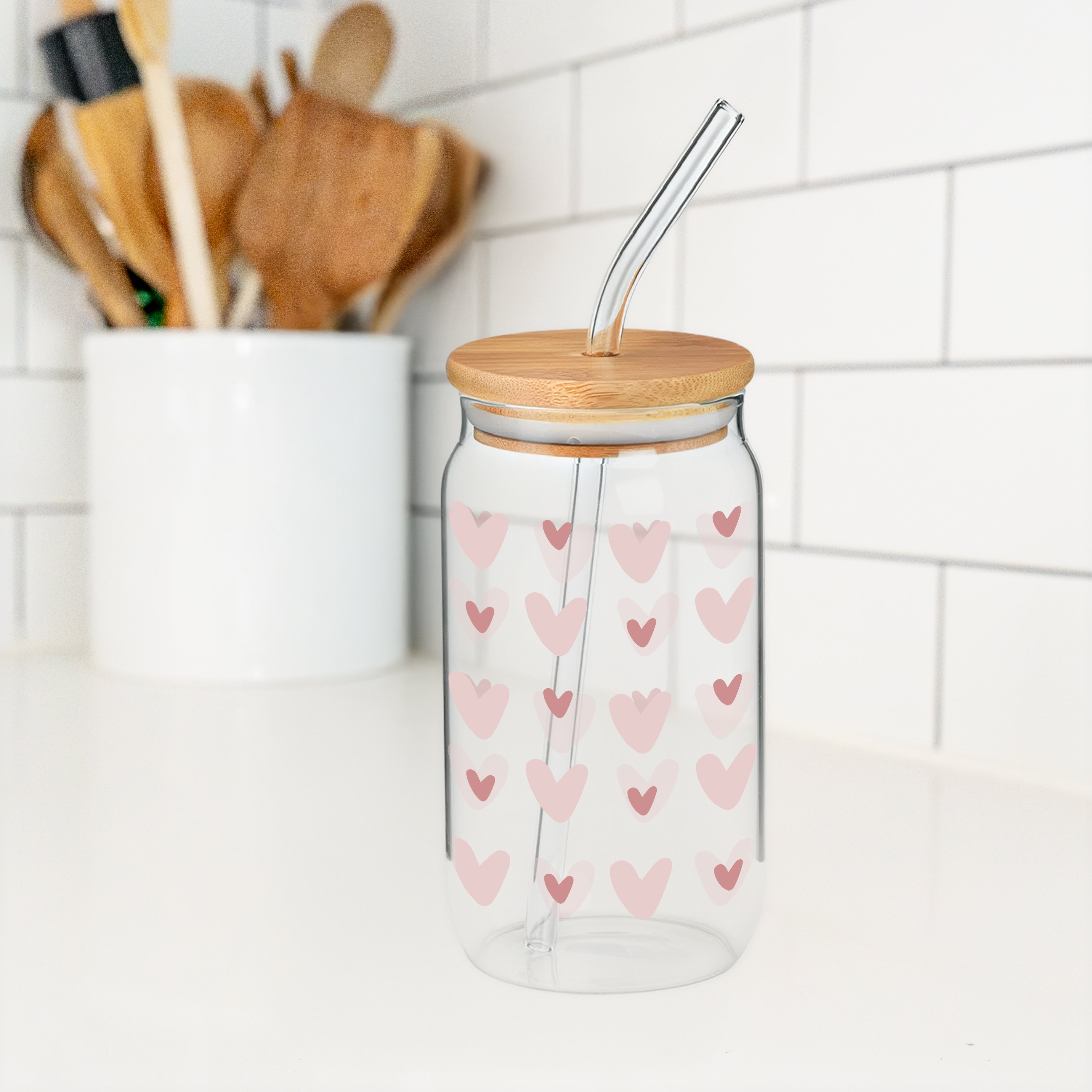 Verre avec paille motifs ''coeurs''