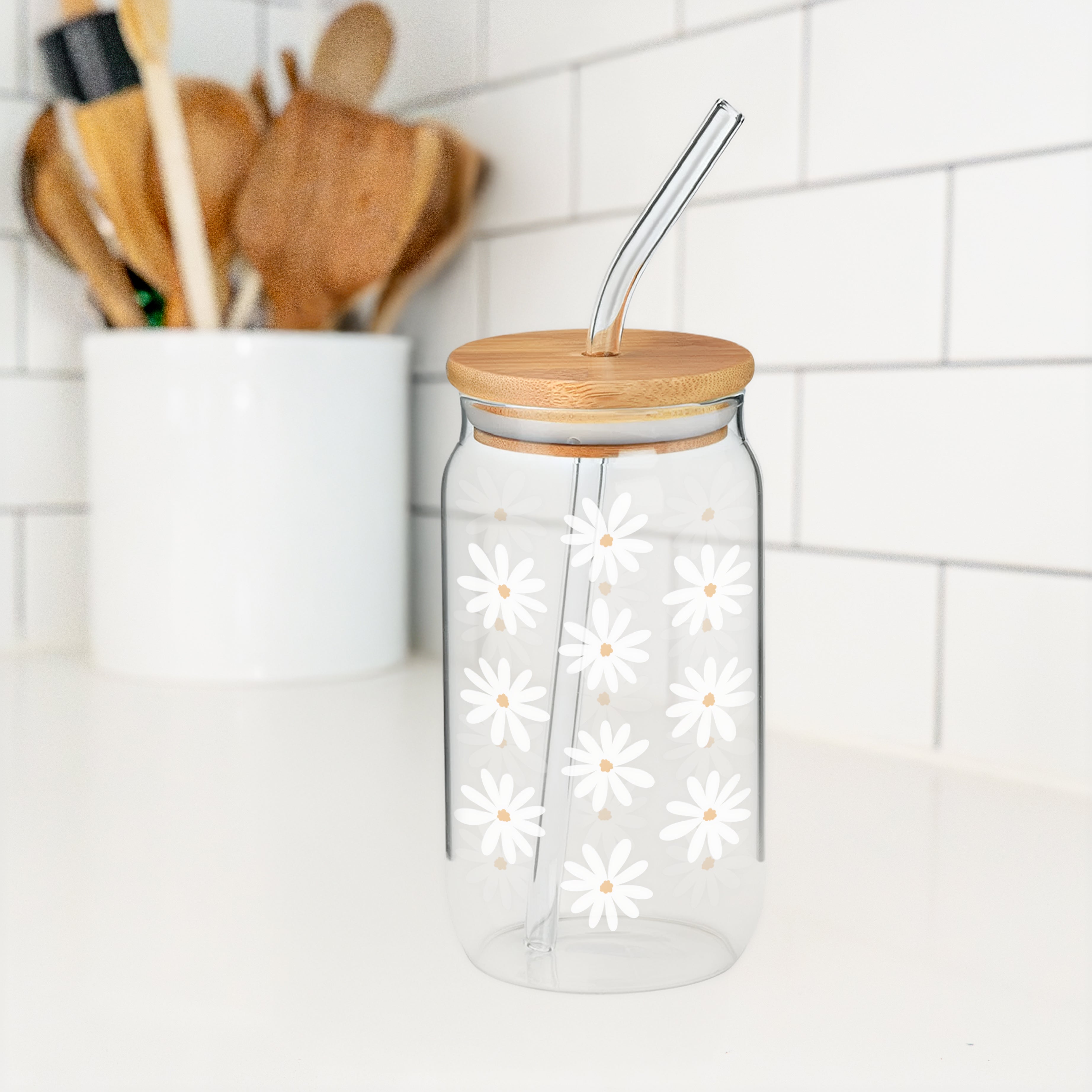 Verre avec paille motifs marguerites